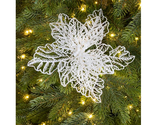 Poinsettia On Clip in White With Glitter (23 cm)