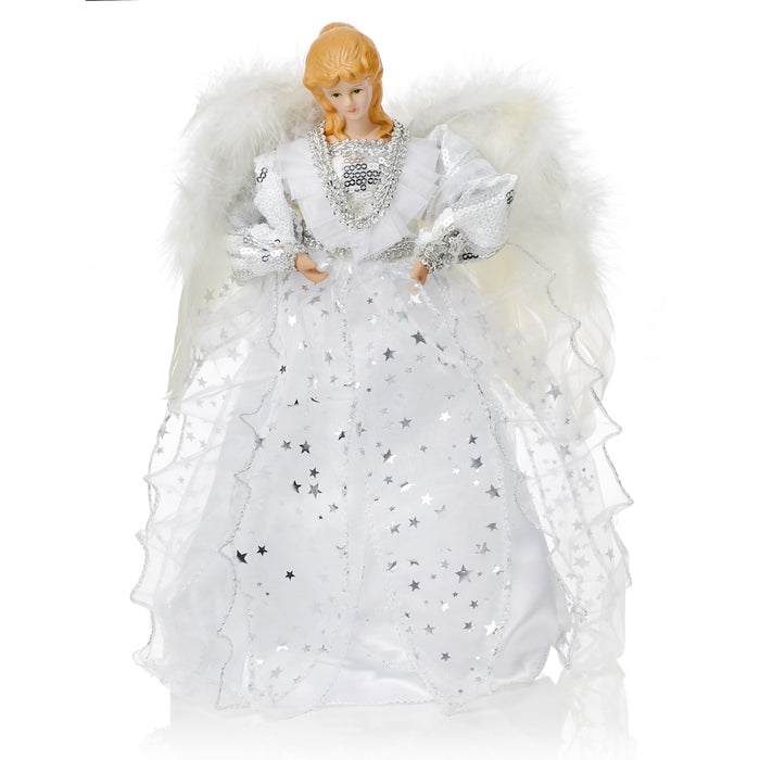 Christmas Tree Topper Angel Silver White Dress with Wings 30cm