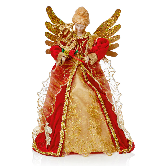 Christmas Tree Topper Angel Red & Gold Dress With Wings 30cm