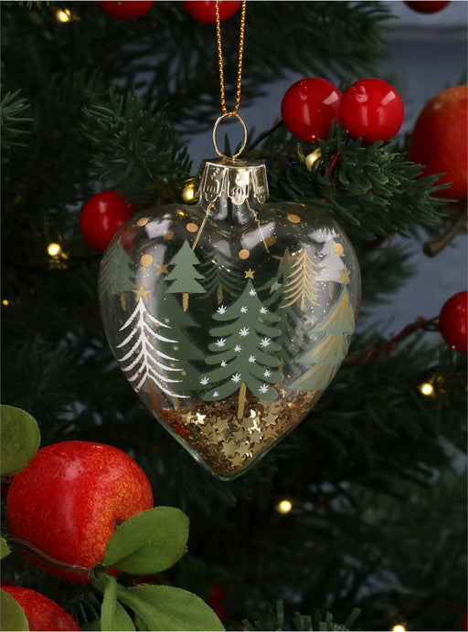 Christmas Hanging Clear Glass Heart with Conifers Decoration (7cm x 6cm)