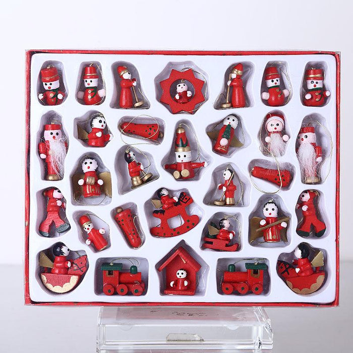 Christmas Hanging Red Painted Wood Mini Figures 30 Pieces