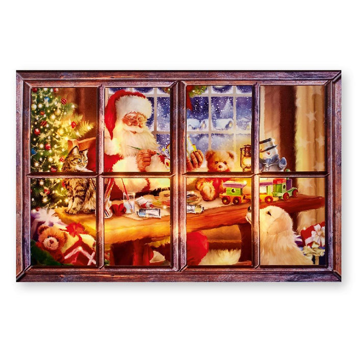 Christmas Canvas Santa In Window Scene With LED Lights 60 x 90cm