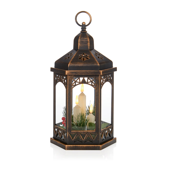 Christmas Hexagonal Lantern Bronze or White With LED Candle 33cm