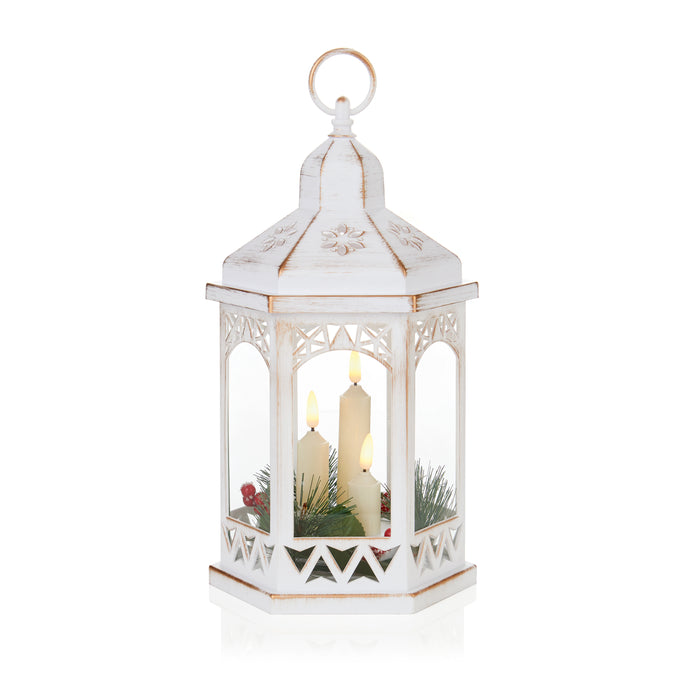 Christmas Hexagonal Lantern Bronze or White With LED Candle 33cm